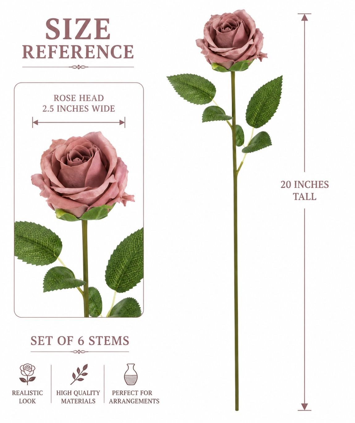 Mauve Rose Stem Set of 6 Dusty Rose Faux Flowers Artificial Long Stem Roses Vint