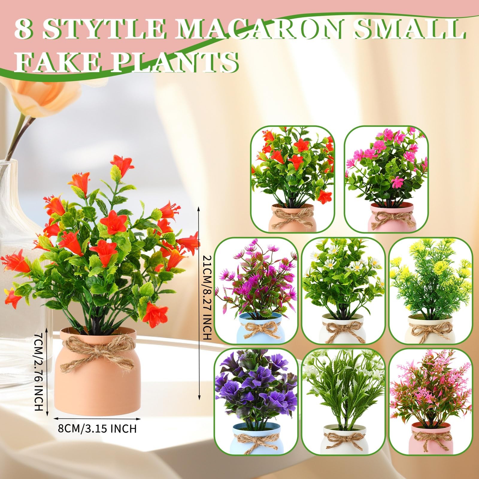 8 Pcs Artificial Potted Flowers 3×8 Inch Faux Small Plants Macaron Pot