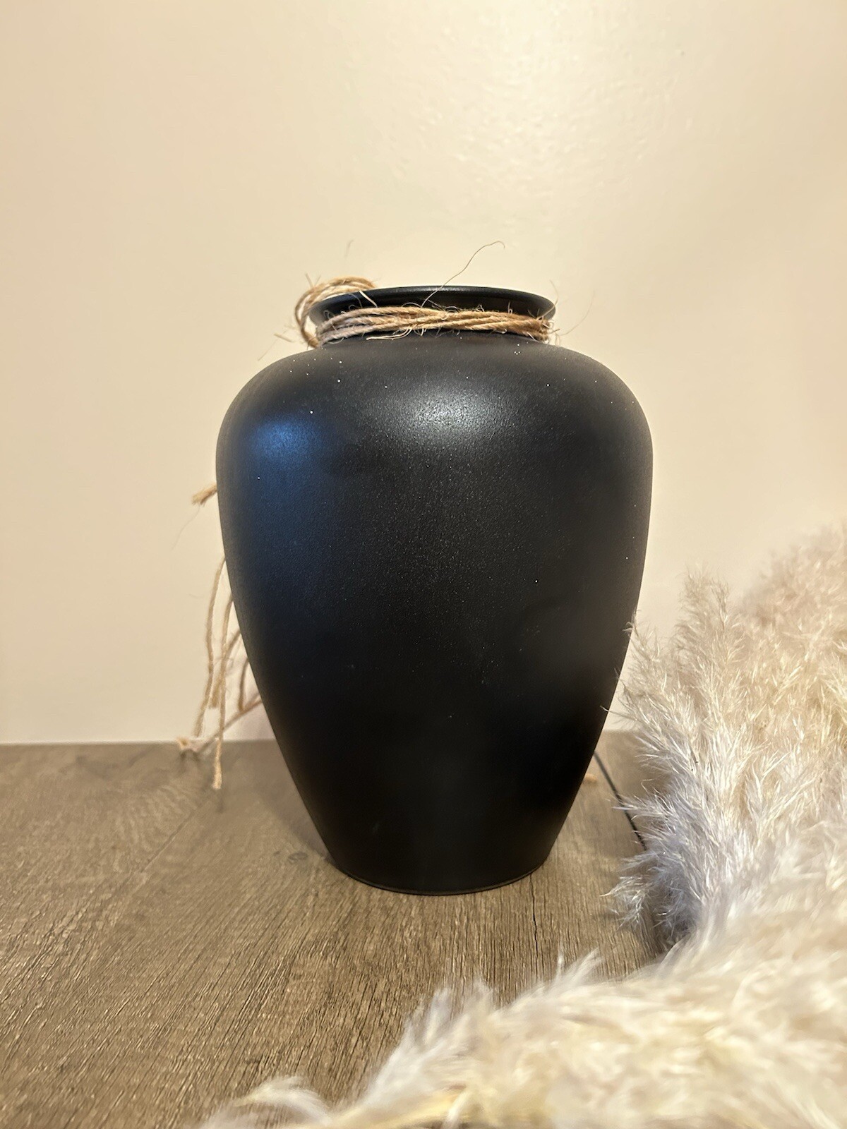Black Matte Decorative Vase with Natural Jute Rope in Minimalist Style
