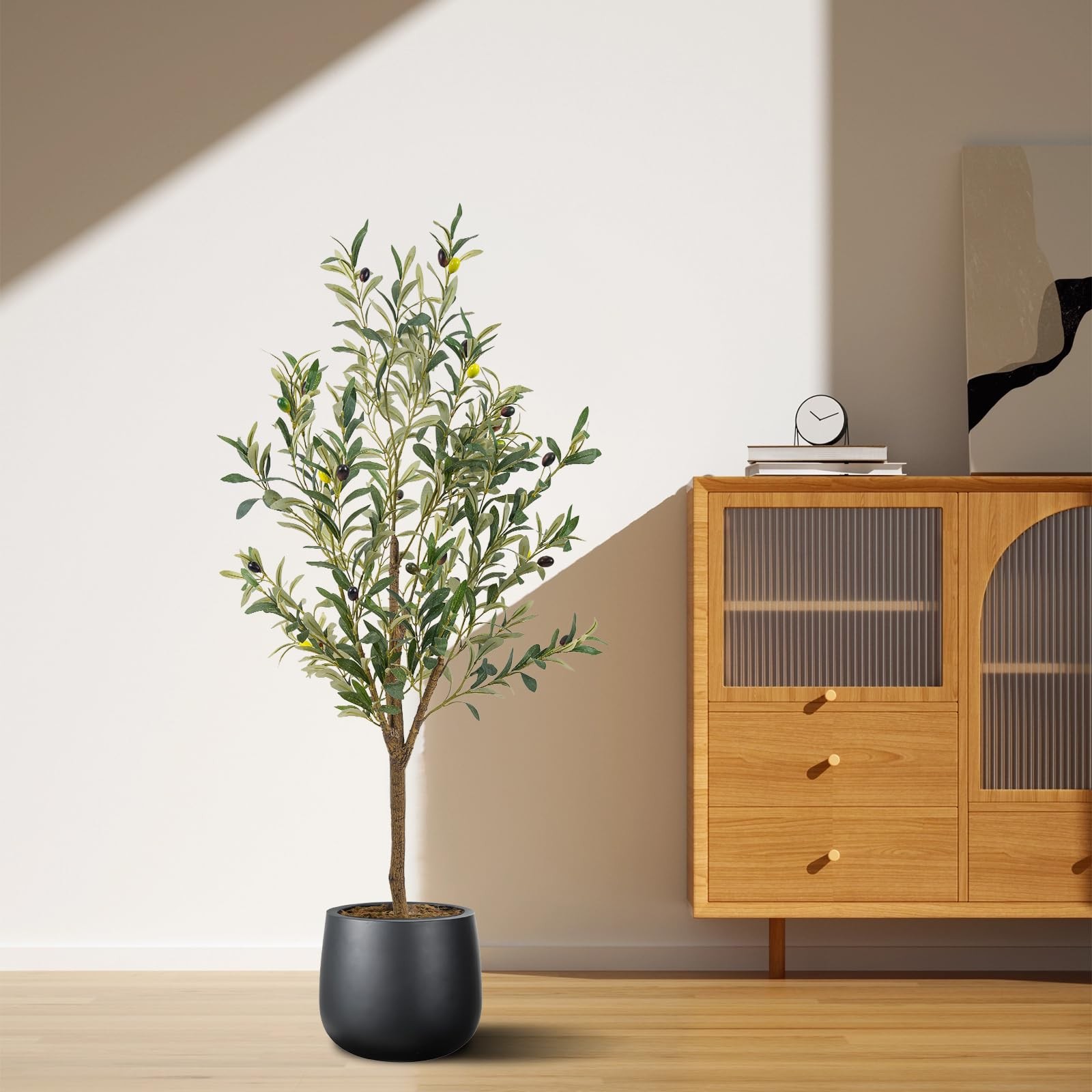4FT Artificial Silk Olive Tree Potted Faux Plant Fruit Moss Home Office Decor