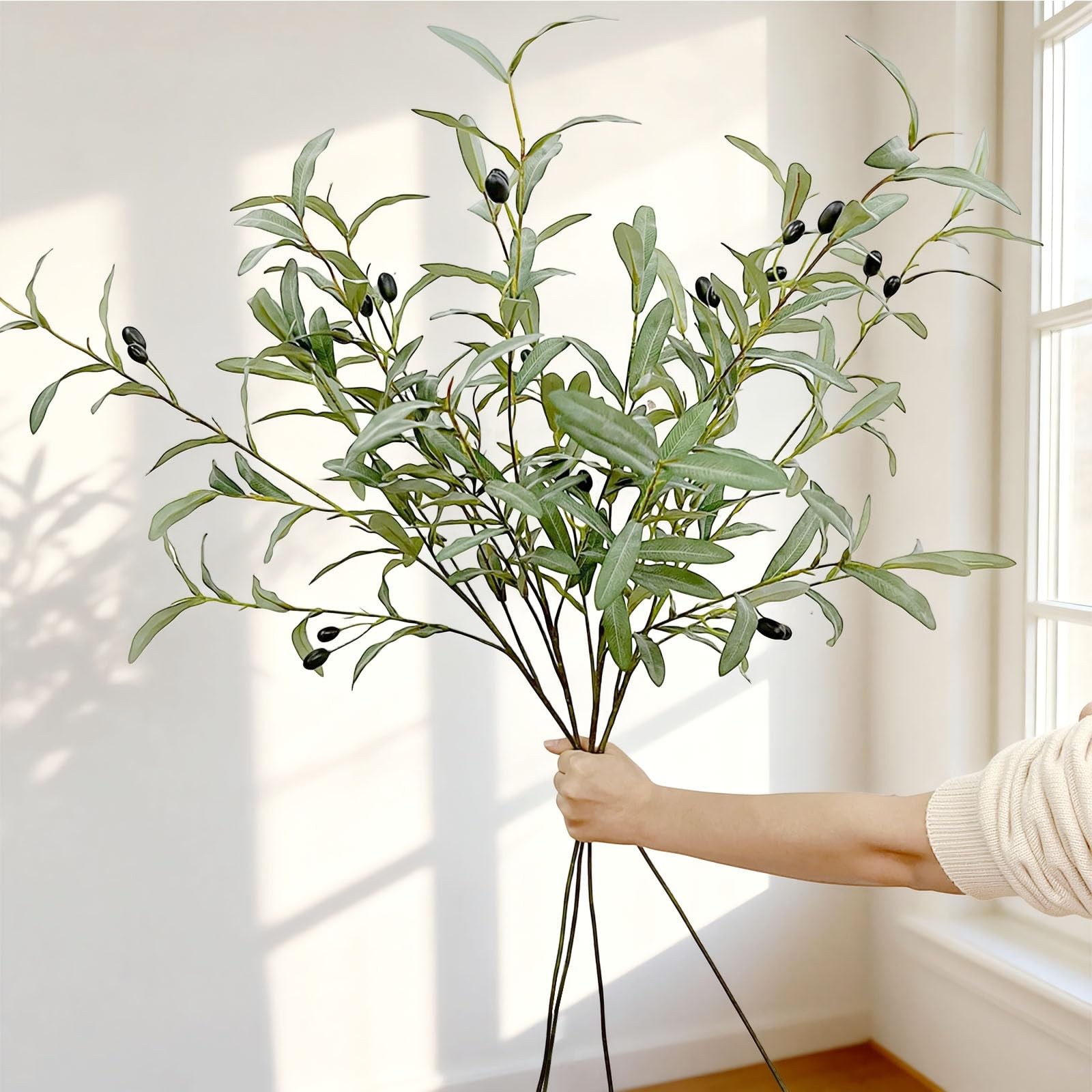 4 Pack 41.3in Faux Olive Branches with Flocked Realistic Leaves,Large Tall Ar…