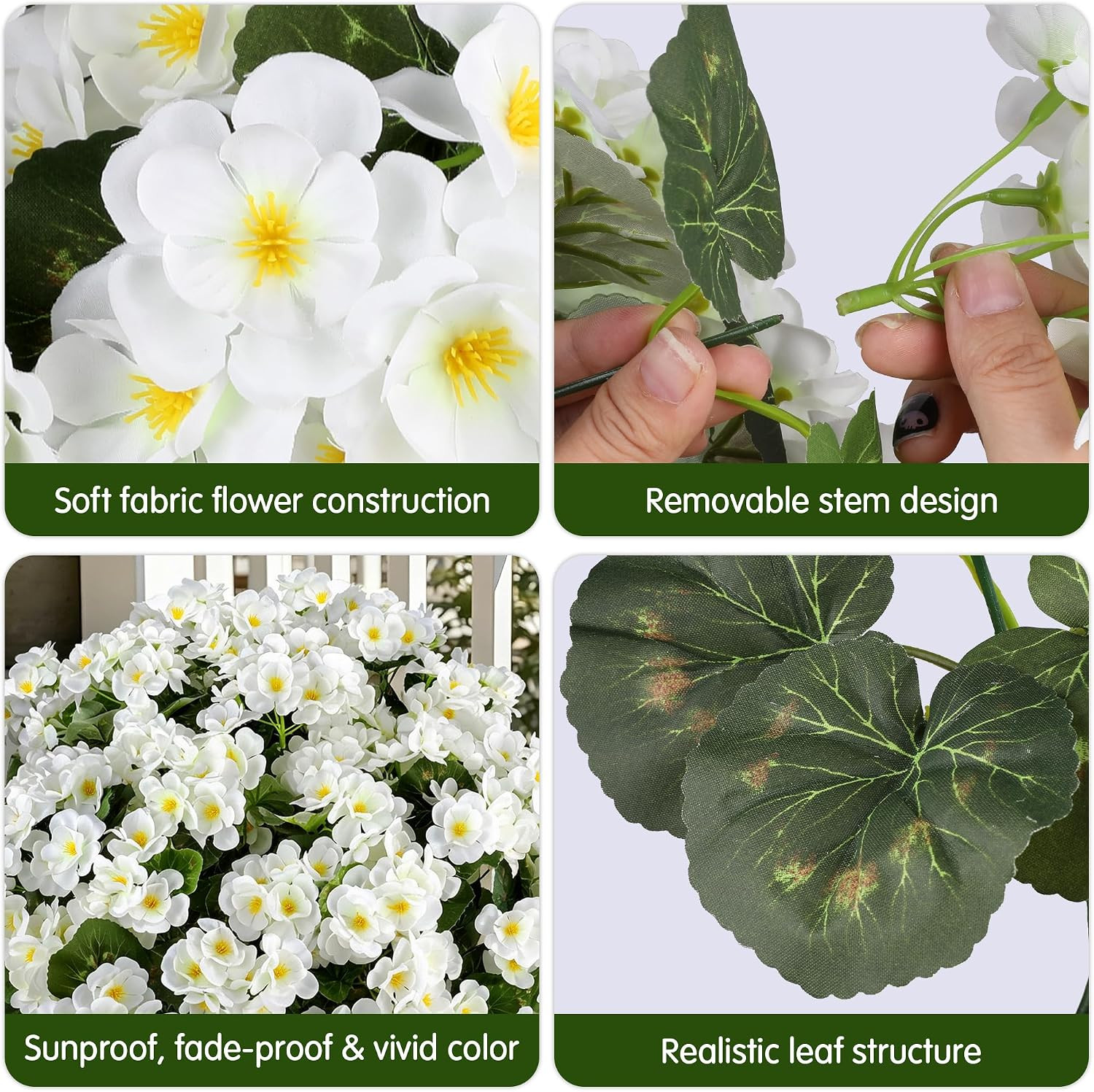 Geraniums Artificial Flowers for Outdoors, UV Resistant, White | Plastic Flowers