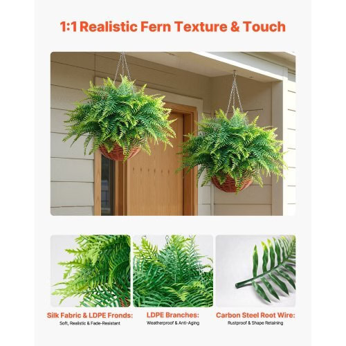 Artificial Ferns, 2 Pcs Fake Hanging Boston Fern Bush Plant with 23 Inch Hanging