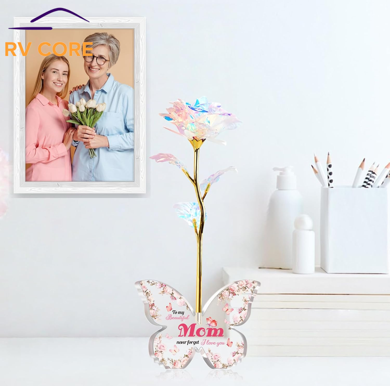 Pink Preserved Galaxy Rose Butterfly Stand Gift for Mom Mother’s Day Birthday