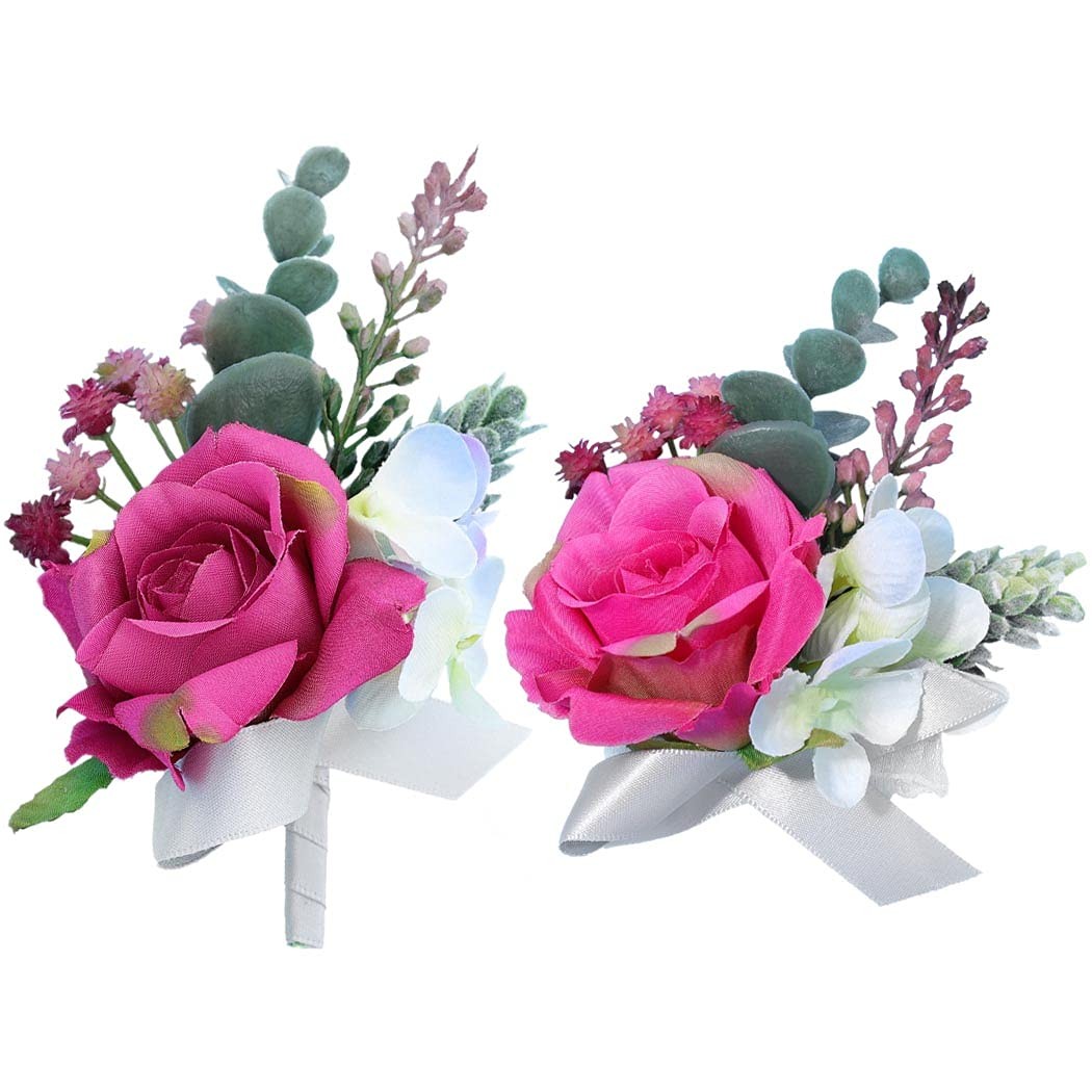 Pink Wrist Corsage Boutonniere Set Prom Wedding Bridesmaid Groom Accessories