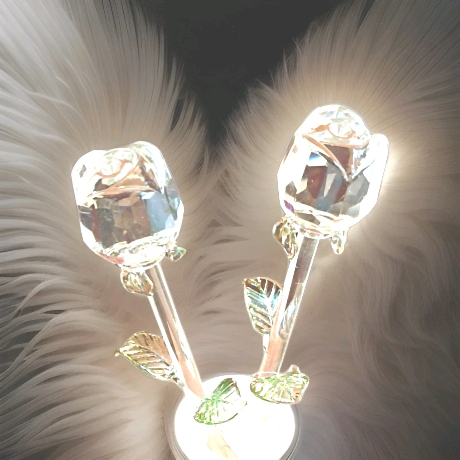 8 pc Hand blown Glass Roses with delicate green leaves on long stem.