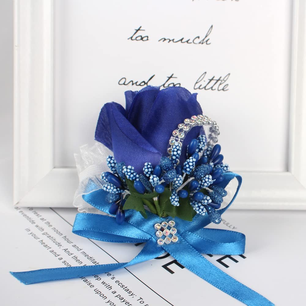2 PCS Rose Wrist Corsage And Boutonniere Set Blue Wedding Prom Hand Flower