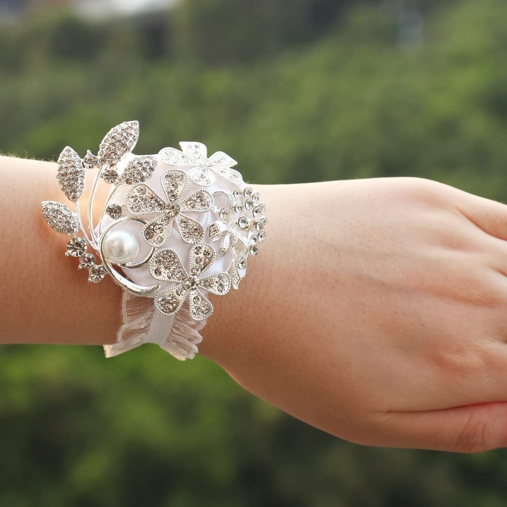 Wrist Corsage Pearl Rhinestone Boutonniere Set Wedding Prom Silver White