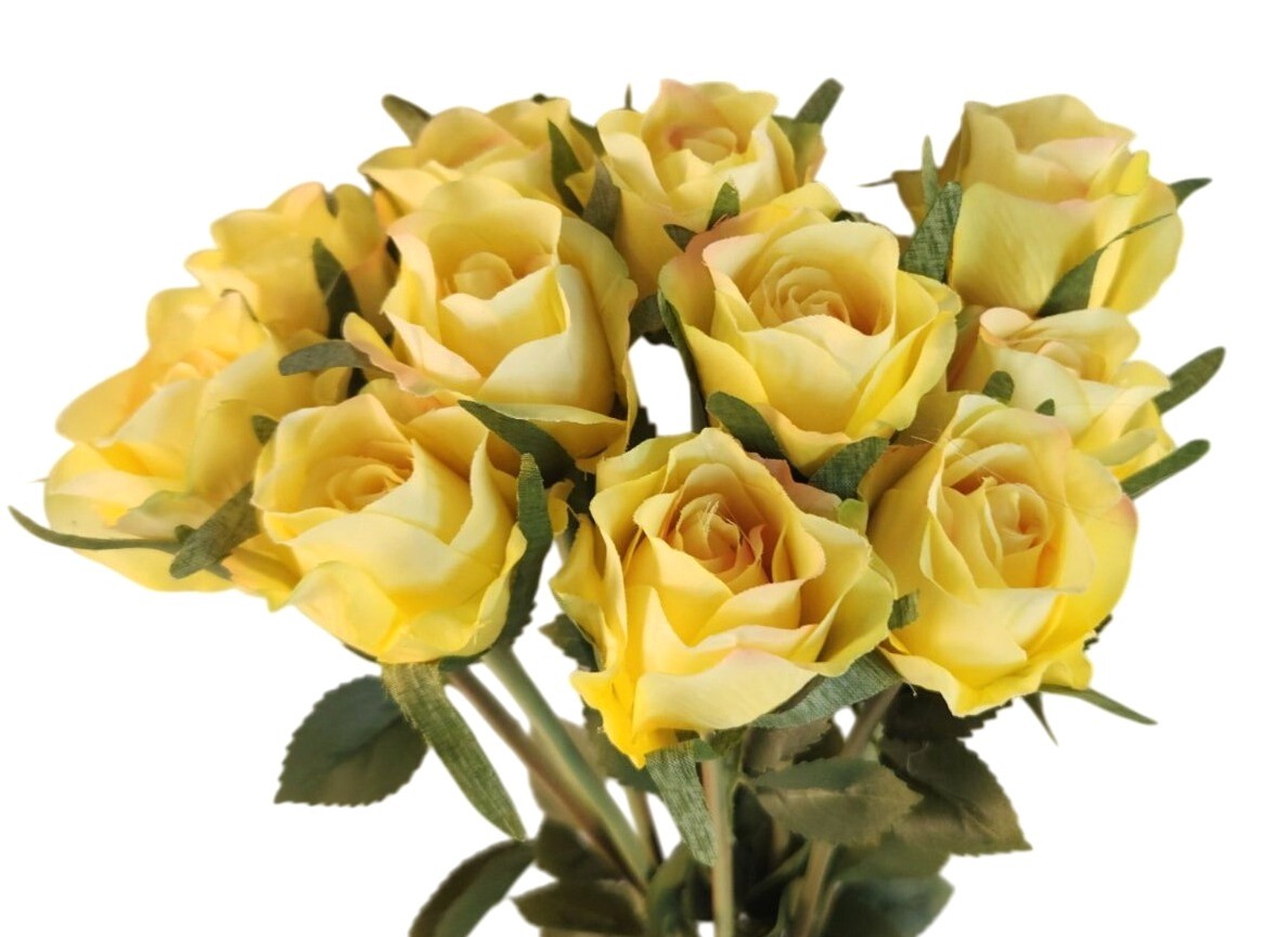 Yellow Artificial Roses 12 Stems Faux Silk Rose Bouquet Small Roses Wedding Flow