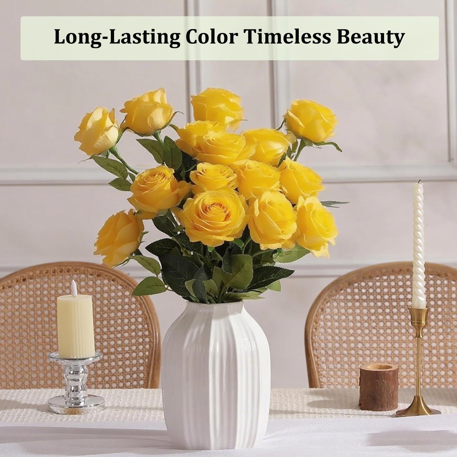 Yellow Roses Artificial Flowers 15 PCS, Fake Roses Silk Flowers with Long Ste…