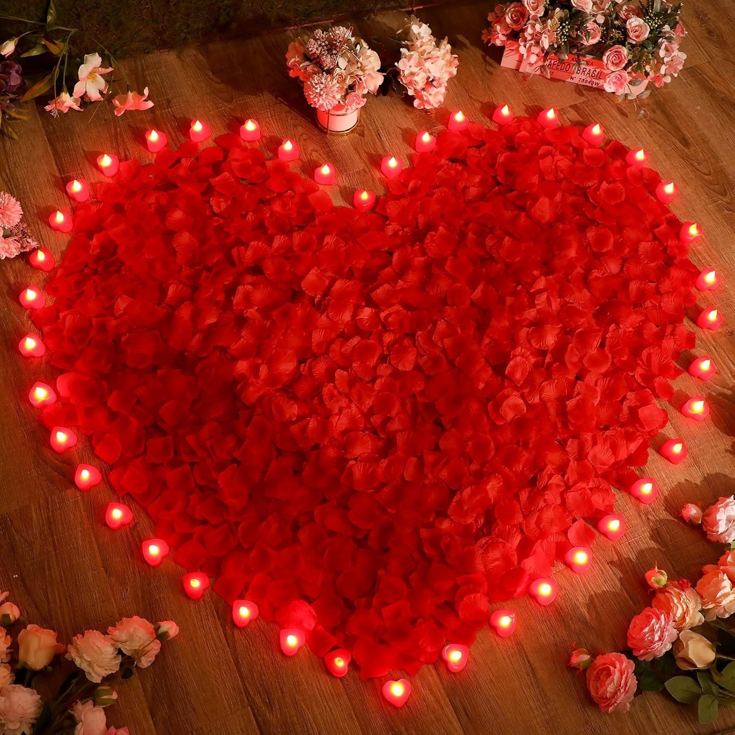 Heart Candle and Rose Petal Set – 72 LED Lights & 6000 Petals for Romantic Decor