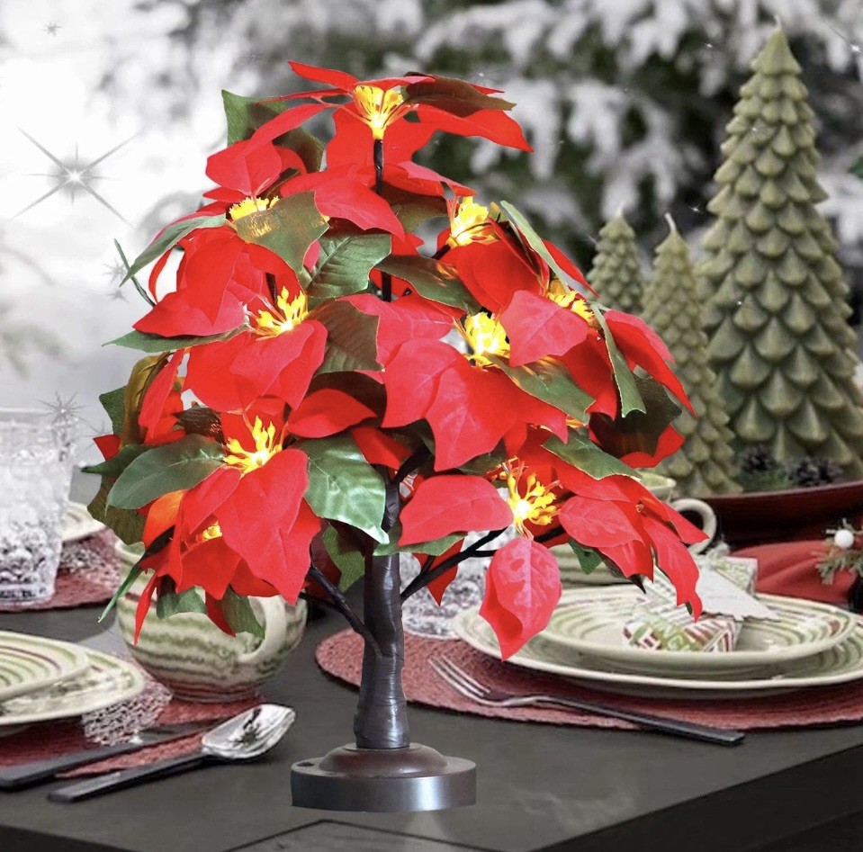 Christmas Poinsettia Tree Light 18 Led Lighted Artificial Tabletop
