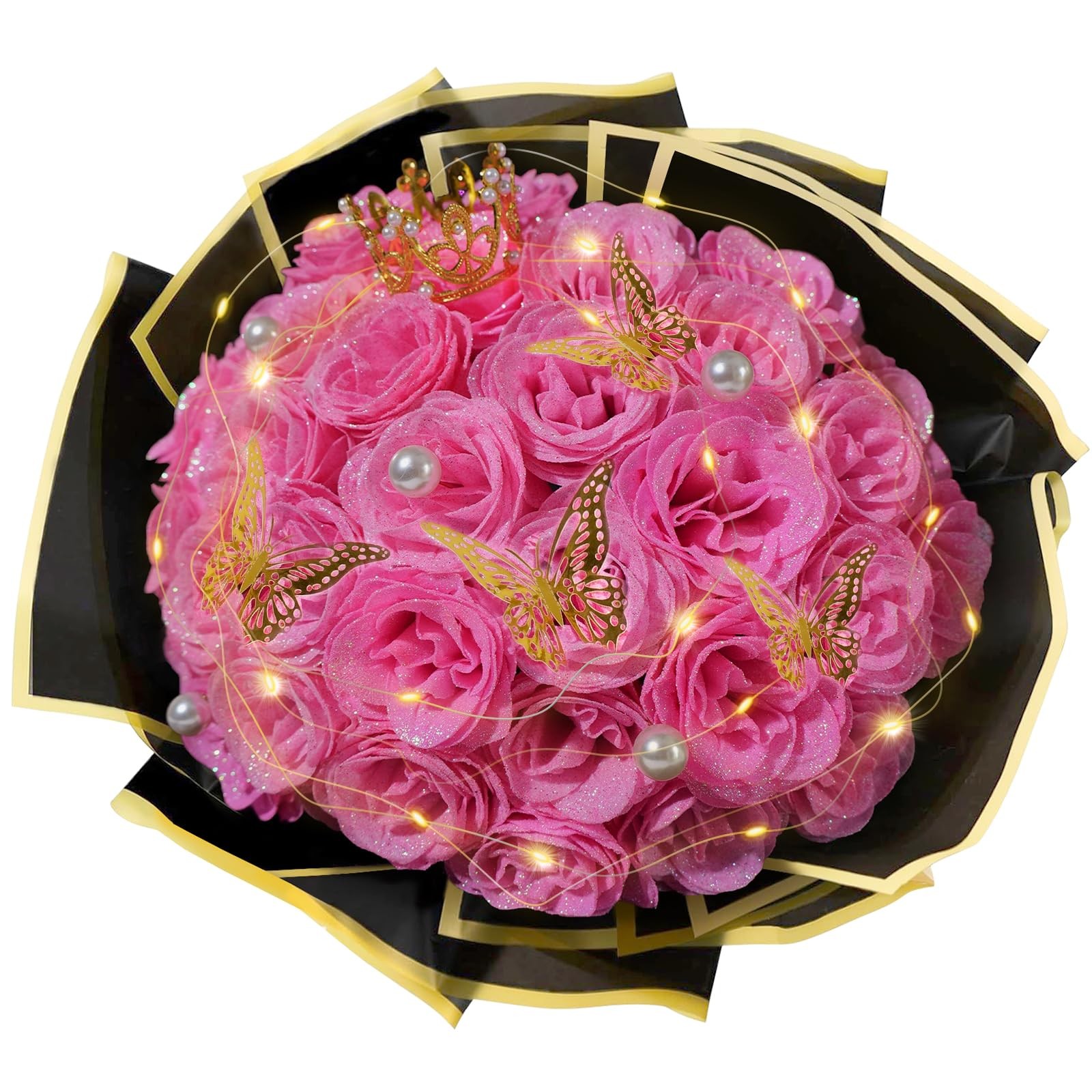 24 PCS Pink Glitter Roses Bouquet Shiny Artificial Flowers Anniversary DIY