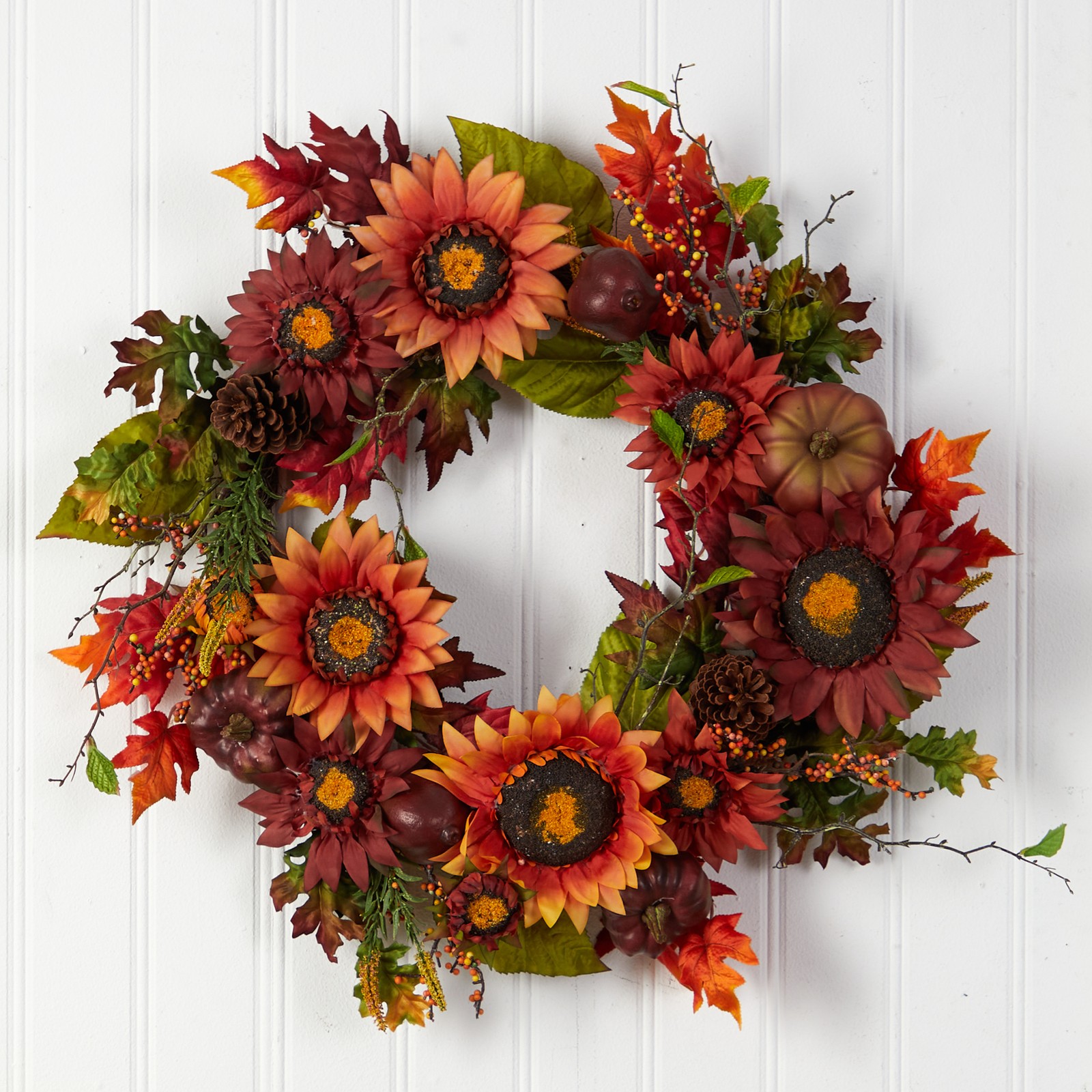 24″ Autumn Sunflower/Pumpkin/Pinecone and Berries Fall Artificial Wreath Orange