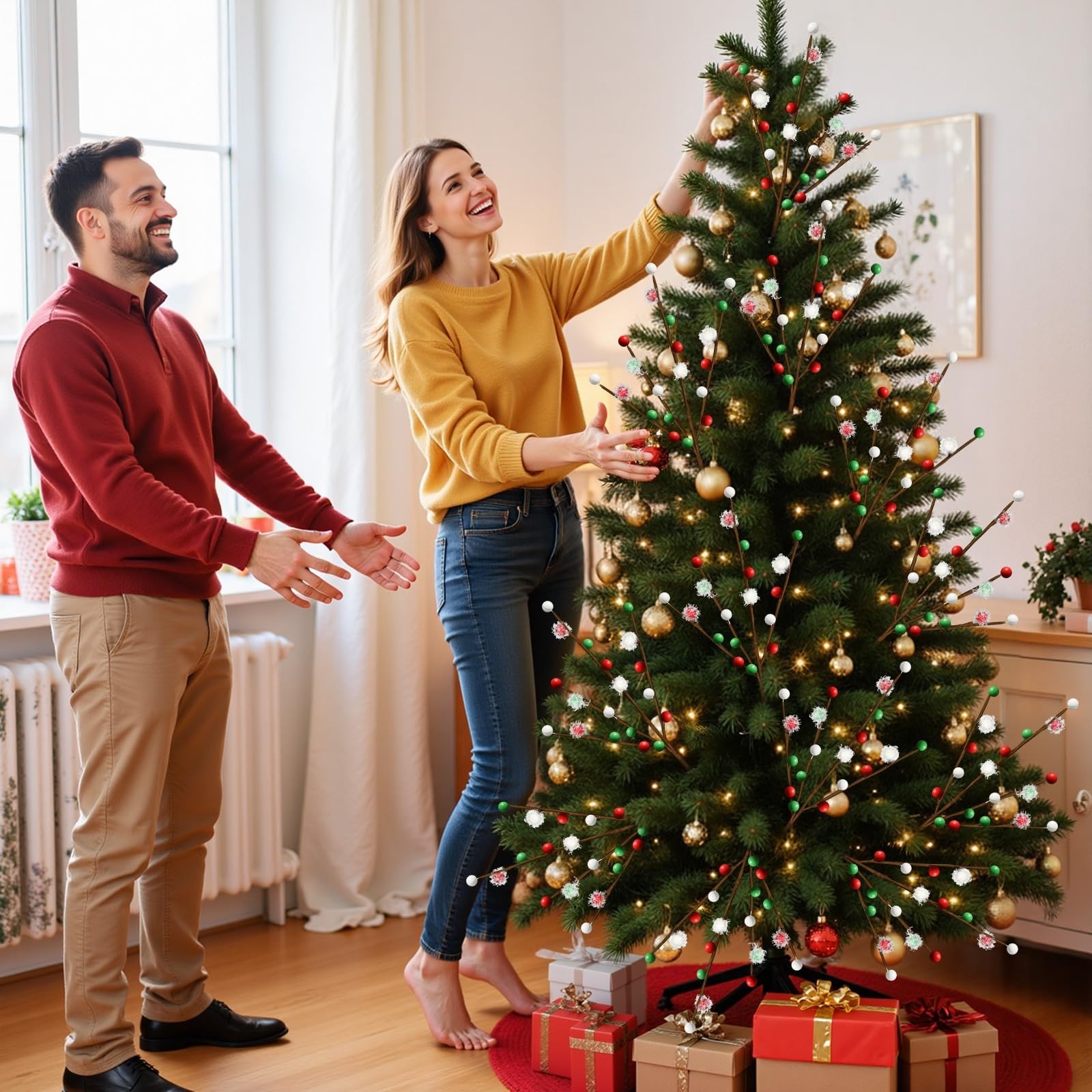 12 PCS Christmas Tree Picks Decorations,Red Green White Artificial Branches w…