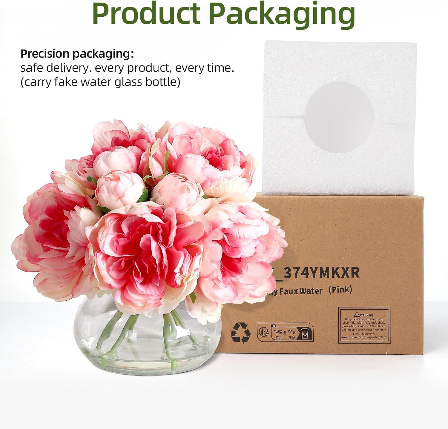 Peonies 7-Count Artificial Silk Bouquet Flower in Glass Vase with Faux Water