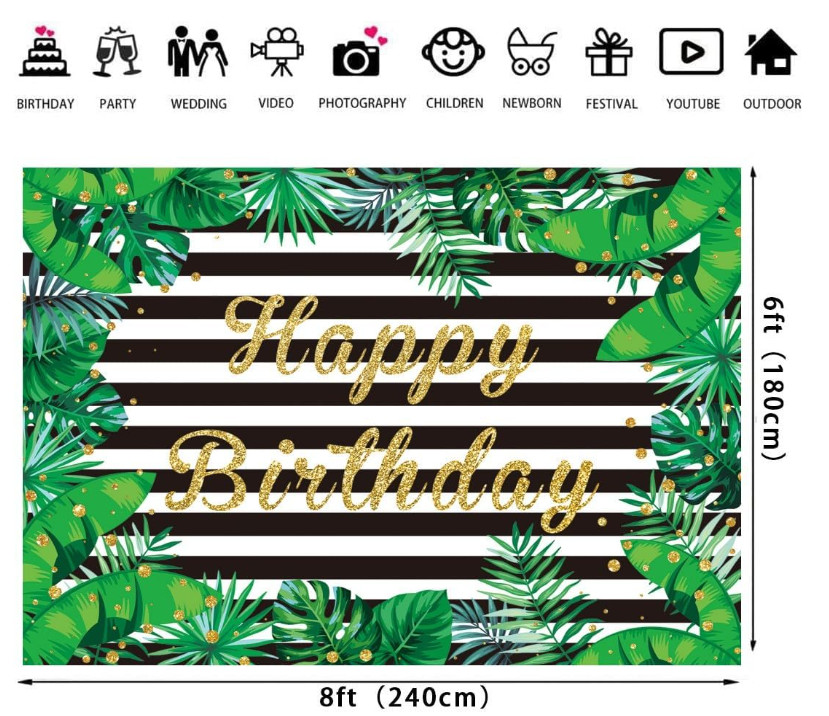 Palm Leaves Happy Birthday Backdrop 8x6FT Green Gold Tropical Party Decor Indoor
