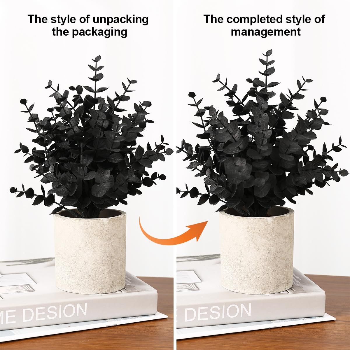 2 Pack Black Fake Eucalyptus Plants – Small Potted Artificial Plants Halloween