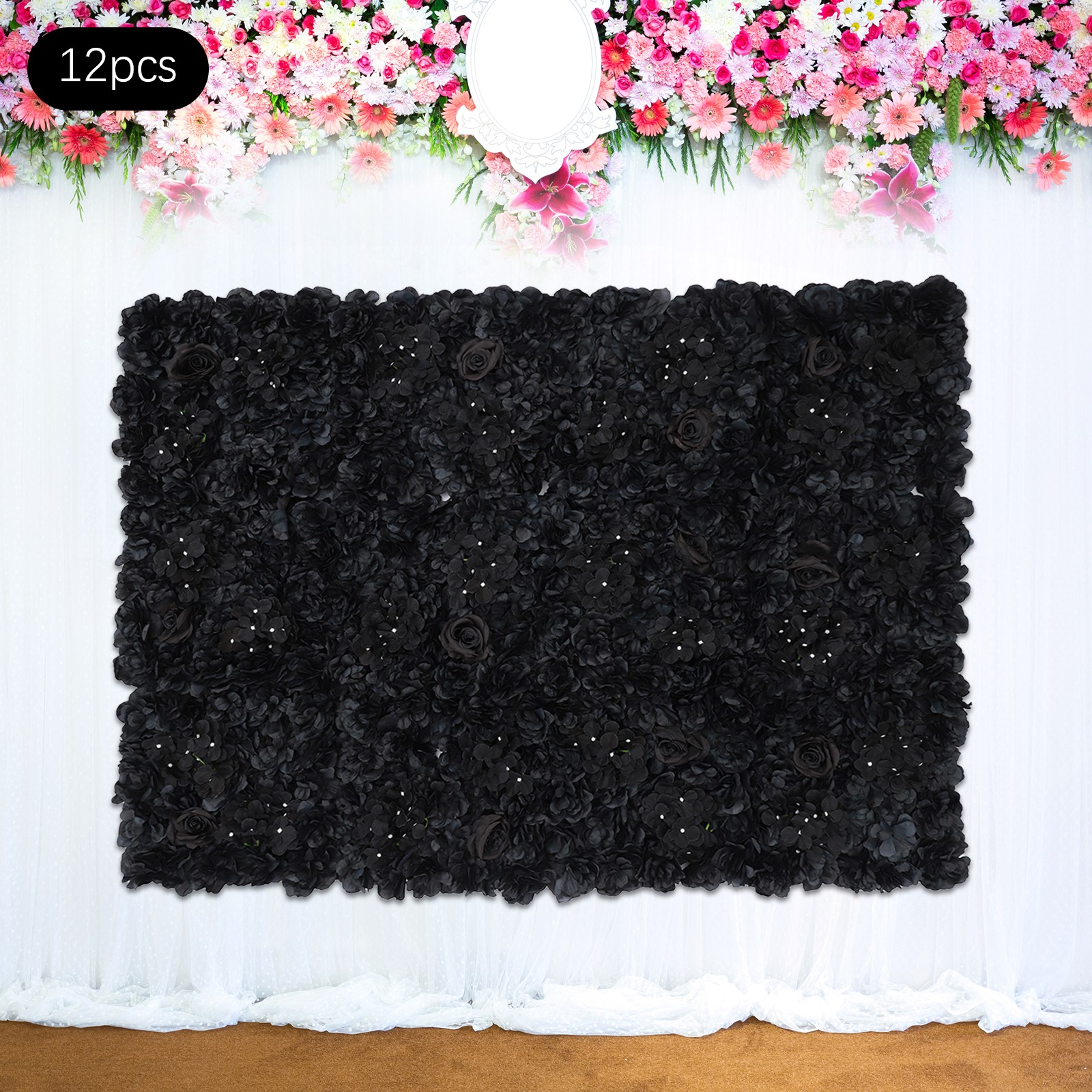 12-Pack Black Silk Flower Wall Panels 38 × 38 cm Hydrangea Dahlia Rose Backdrop