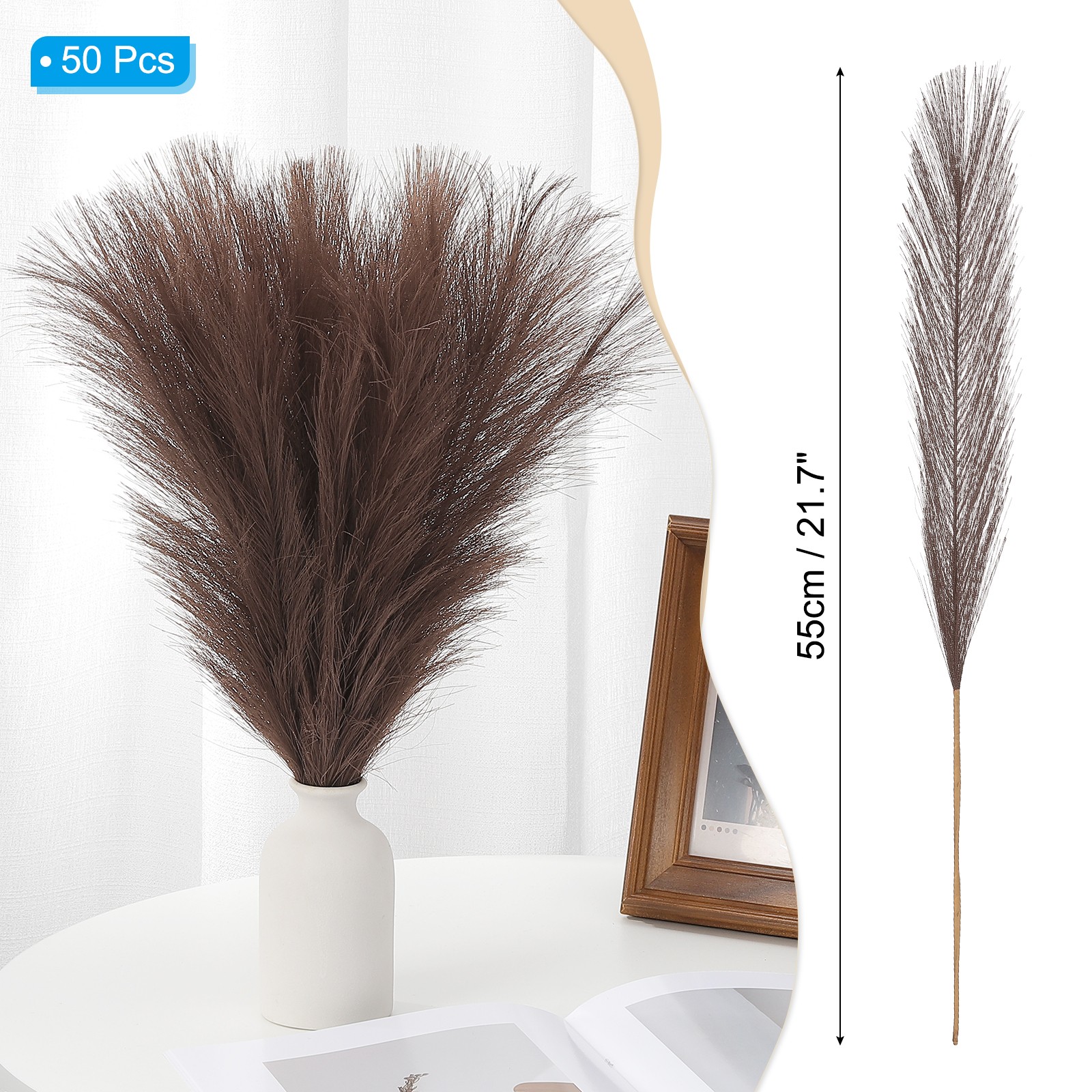 21.7in Pampas Grass Decor, 50pcs Artificial Pampas Grass Bulk, Dark Brown