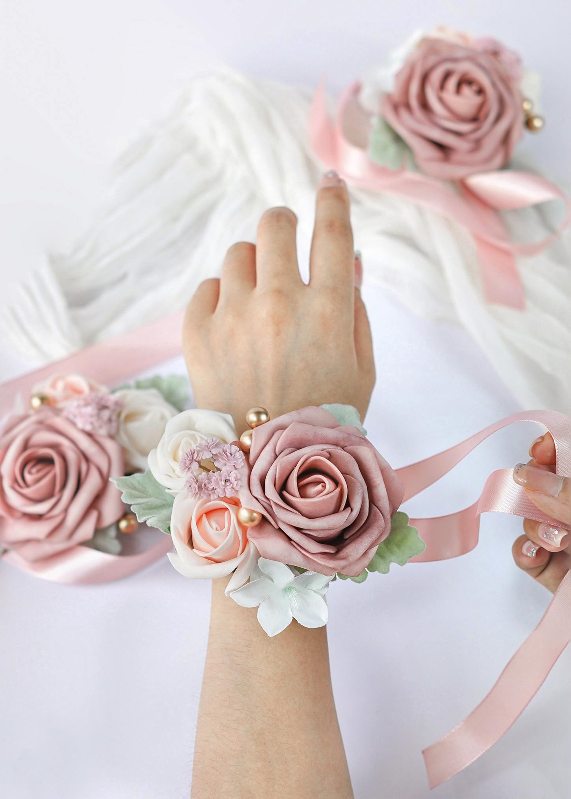 Dusty Blush Pink Artificial Rose Wedding Wrist Corsages Wristlet 2 PK