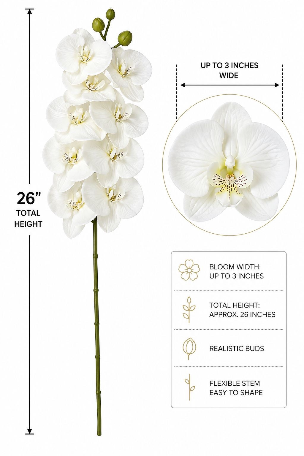 White Orchid Stem Artificial Floral Pick 26 Inch Ivory White Faux Orchid Spray f