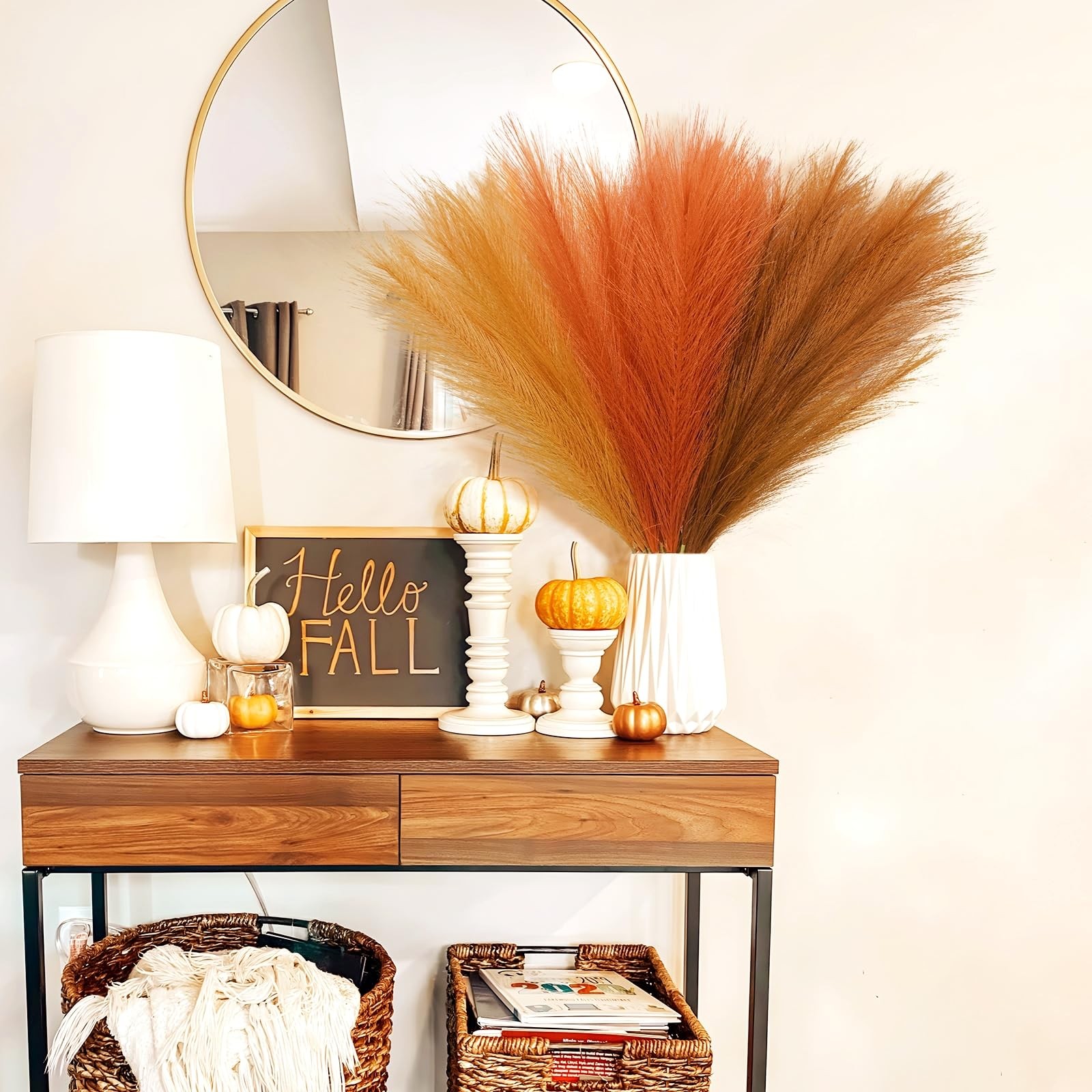 150pcs Orange Pampas Grass, 21.6in Fluffy Faux Colored Pompas Grass Short Art…