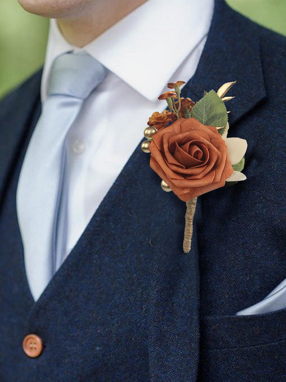 2 PCS Terracotta Boutonniere Groom Groomsmen Burnt Orange Artificial Flower