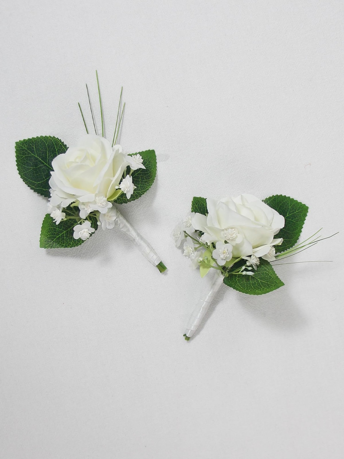2Pcs White Rose Boutonnieres with Pins for Men, Groom, Groomsmen