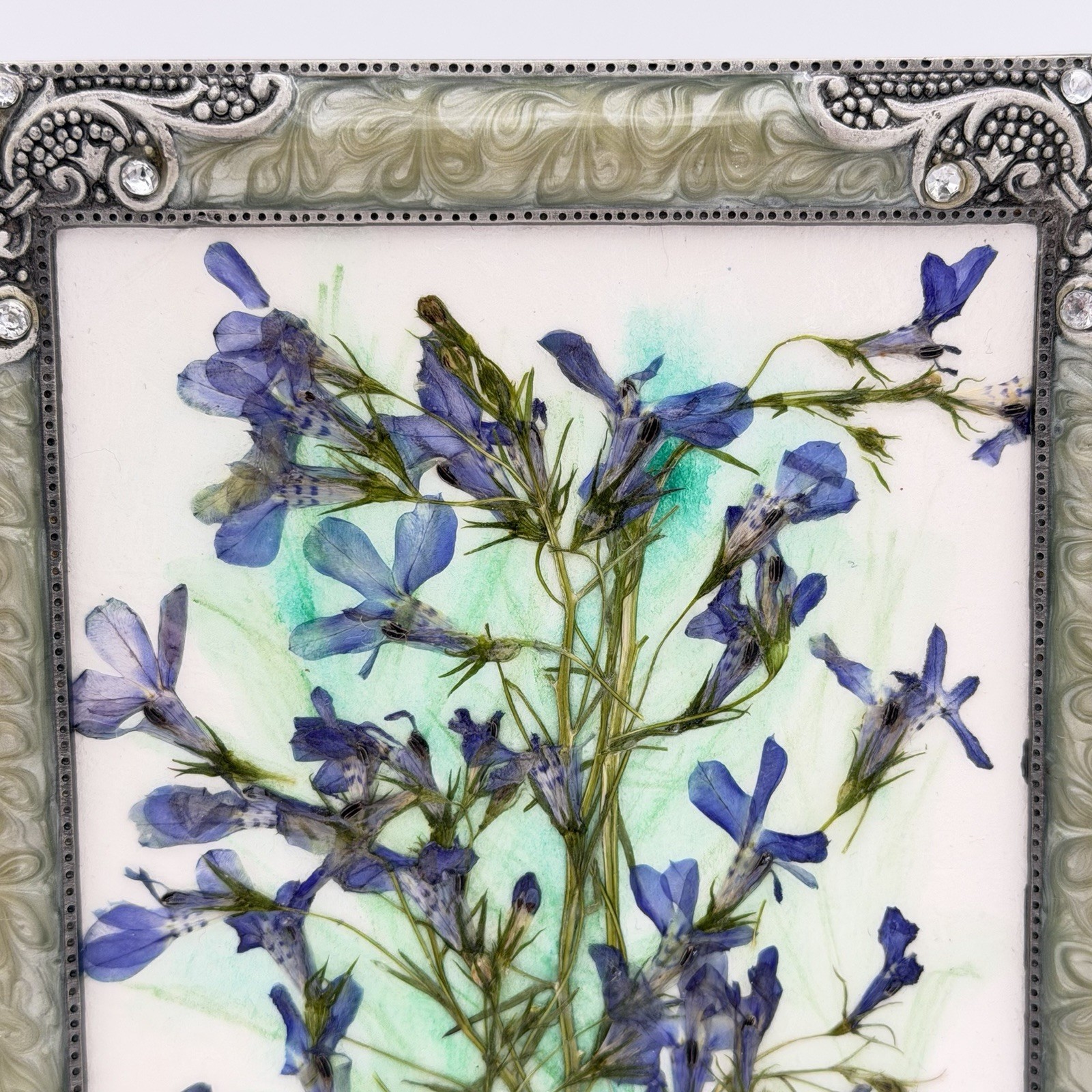 Botanical Art Pressed Blue Flowers In Ornate Metal Frame 6.75 X 4.5 Inch Signed