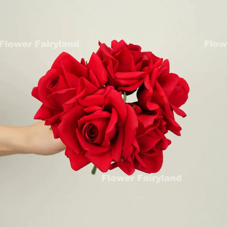5 Stems Real Touch Moist Latex Rose Bouquet – Bright Red | Artificial Flower