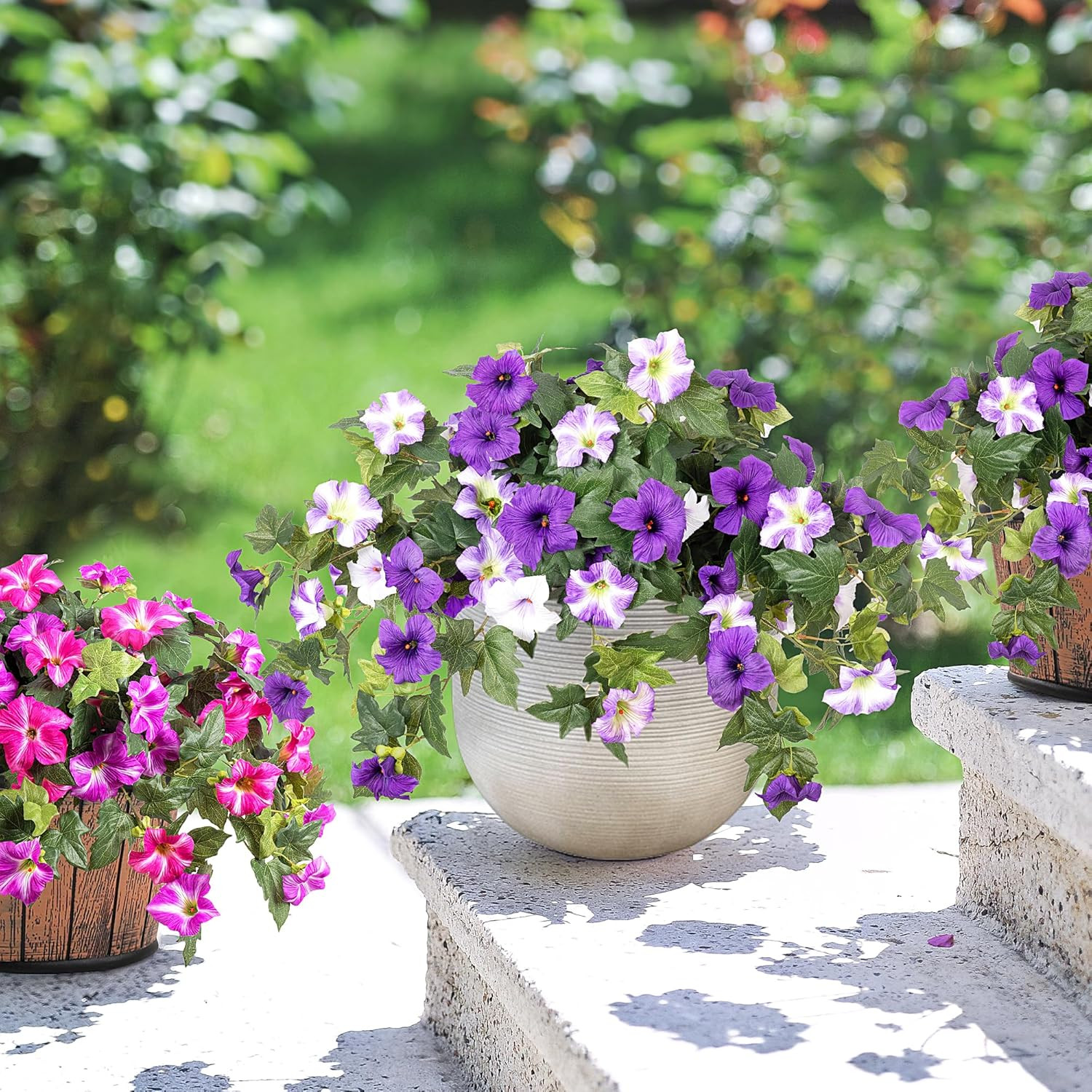 Artificial Faux Petunias Flowers 2PCS UV Resistant for Outdoor Purple White