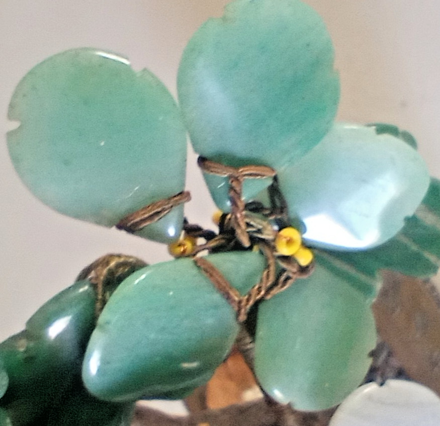Vintage Carved Jade / Gemstone Bonsai Tree w/ Brass Base, Hong Kong, 7.5″H