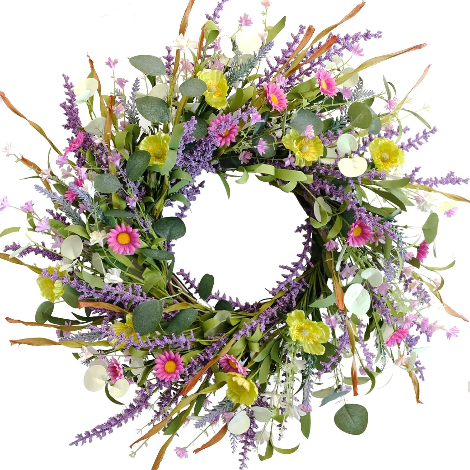 20 Inch Spring Summer Wild Flower Artificial Daisy Front Door Wreath, Everyday G