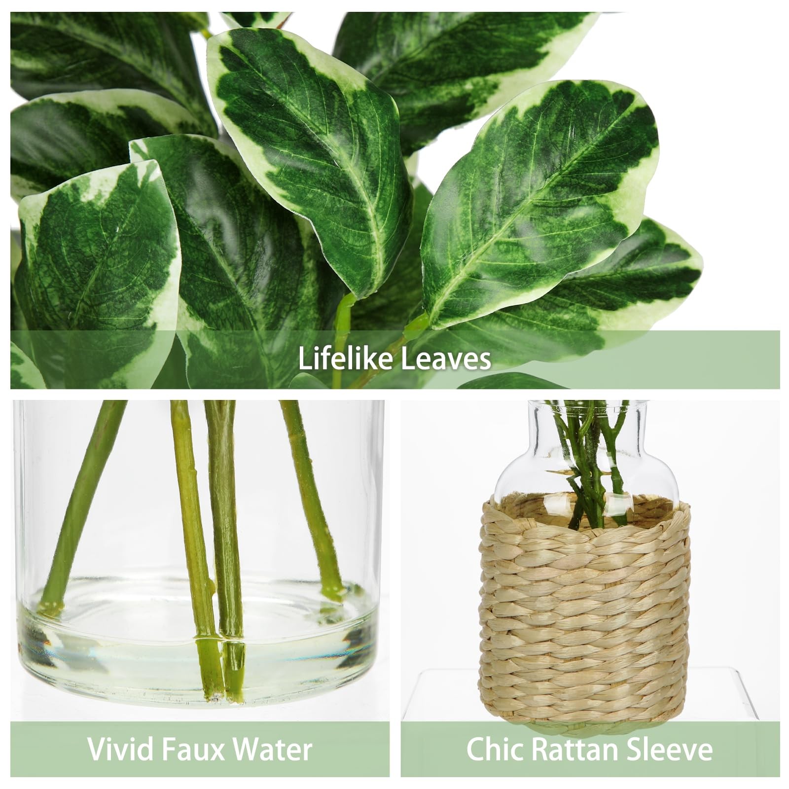 Real Touch Faux Greenery Stems in Vase with Woven Sleeve & Faux Water, 13.8″ …