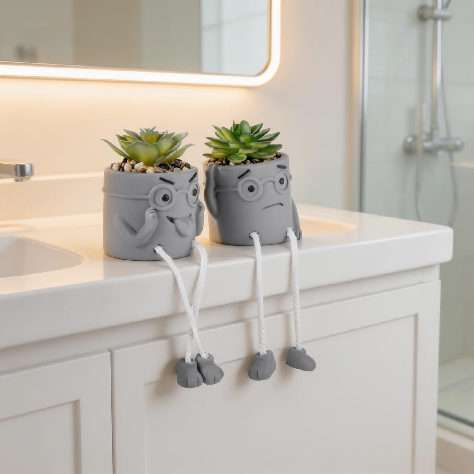 2 PCS Gray Cute Fake Succulent Plant Shelf Sitter Dangling Leg Desk Decor