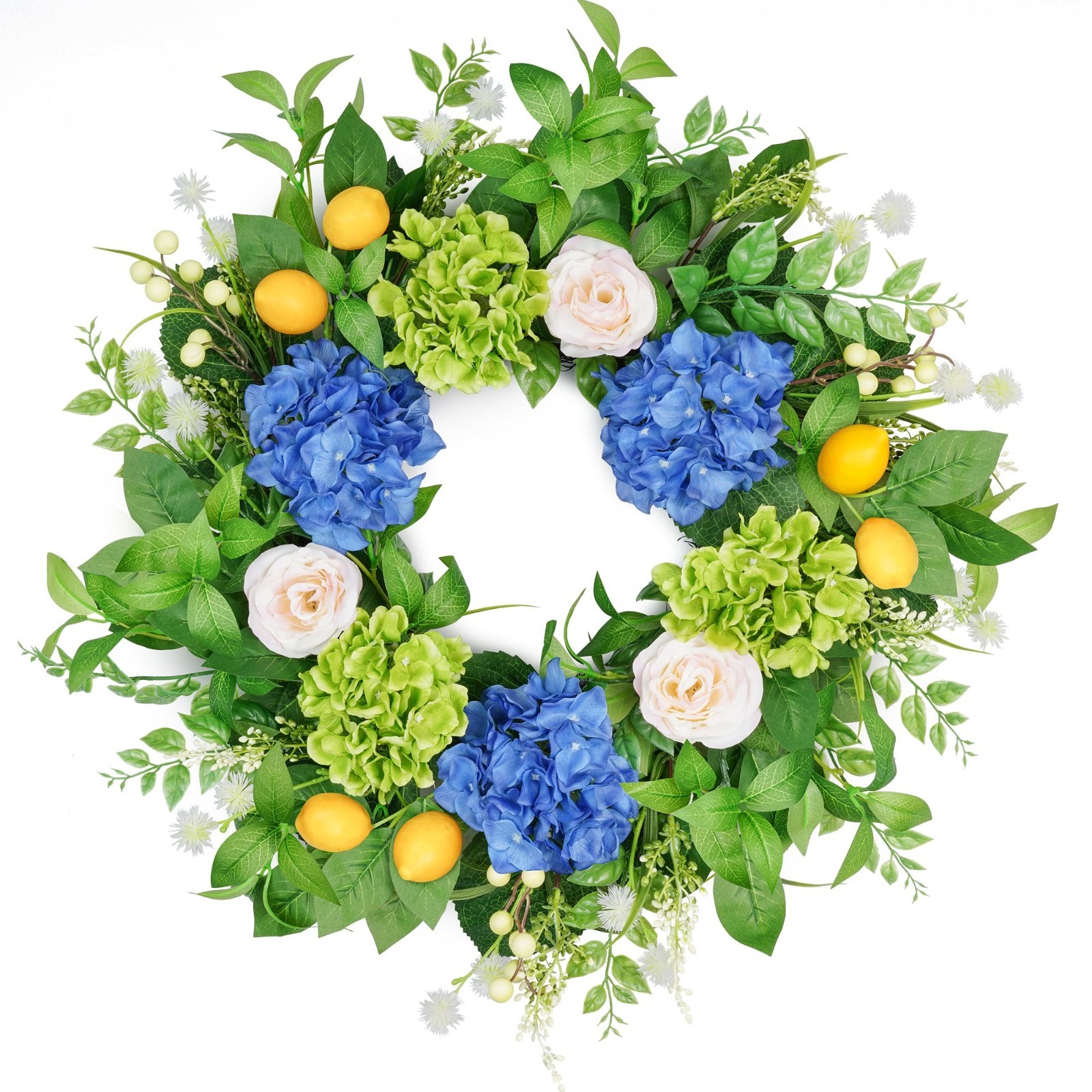 23″ Summer Floral Wreath with Hydrangea & Lemon, UV Resistant for Front Door Dec