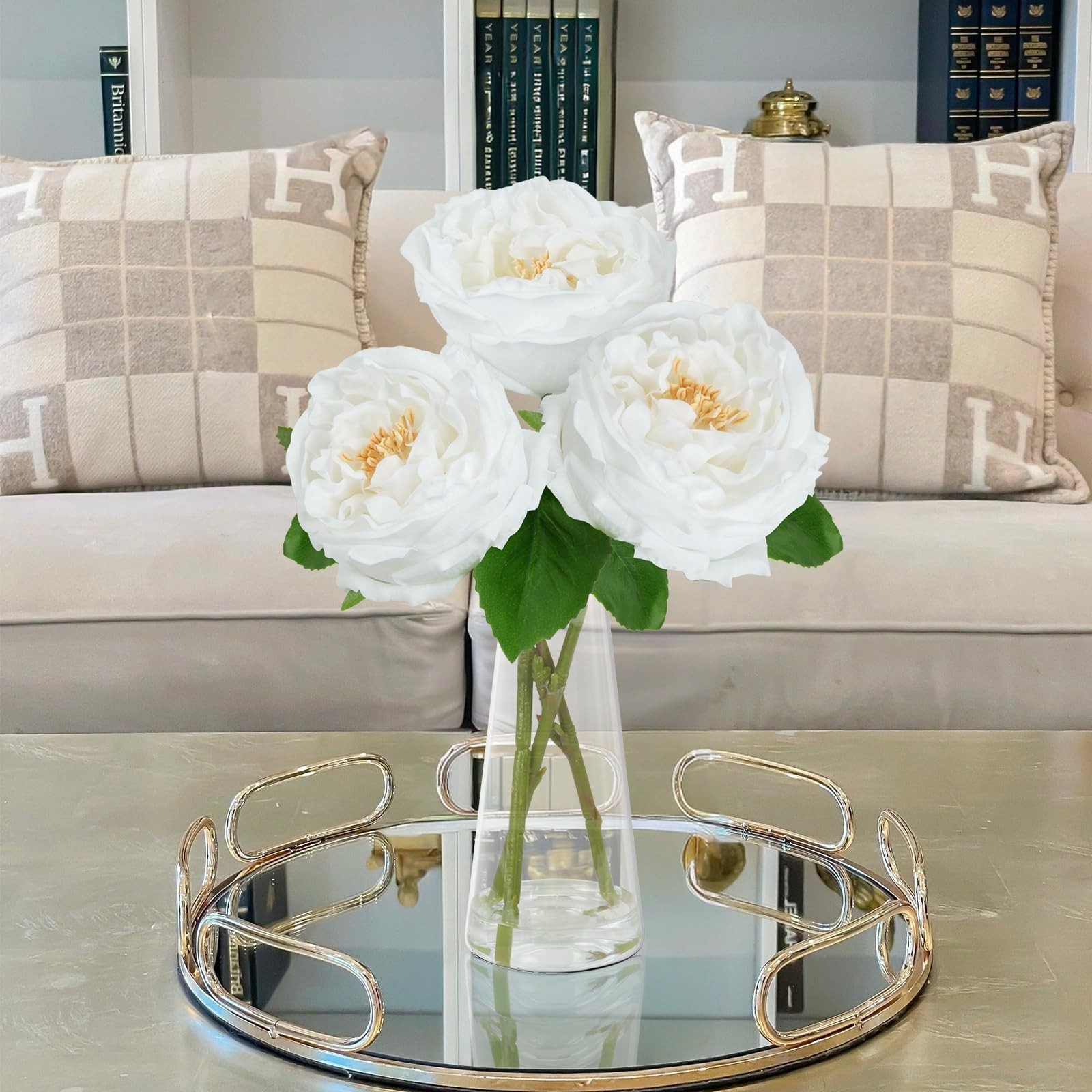 White Peonies Artificial Flowers Vase Faux Water Silk Table Centerpiece Decor