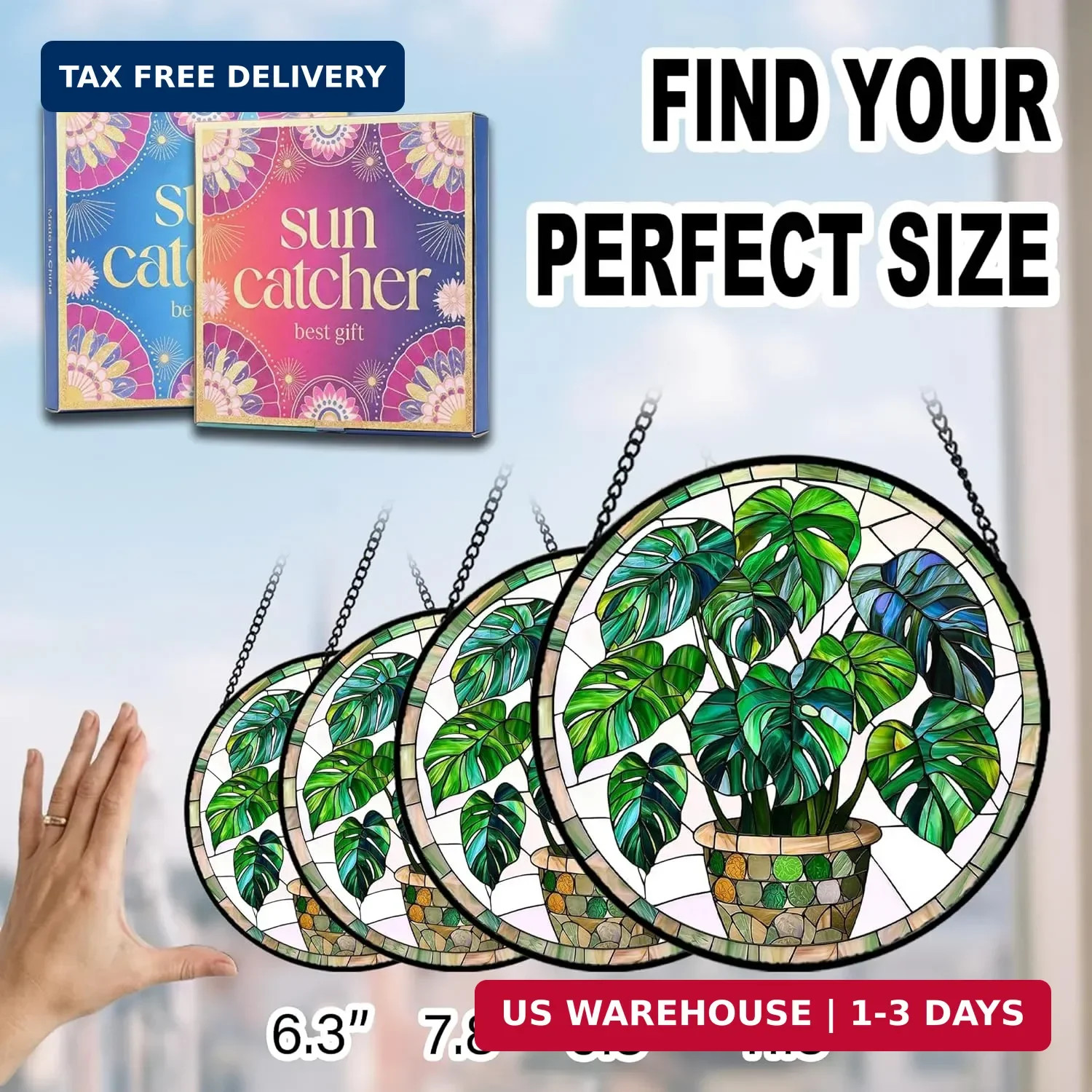 Birthday Gifts for Women – Green Monstera Plant Faux Stained Glass Window Hangin