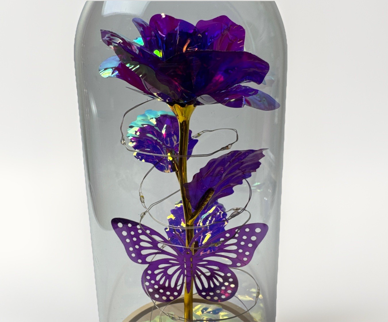 LED Eternal Rose Glass Dome Lamp Multicolor Fairy Lights Butterfly 8.5” Decor