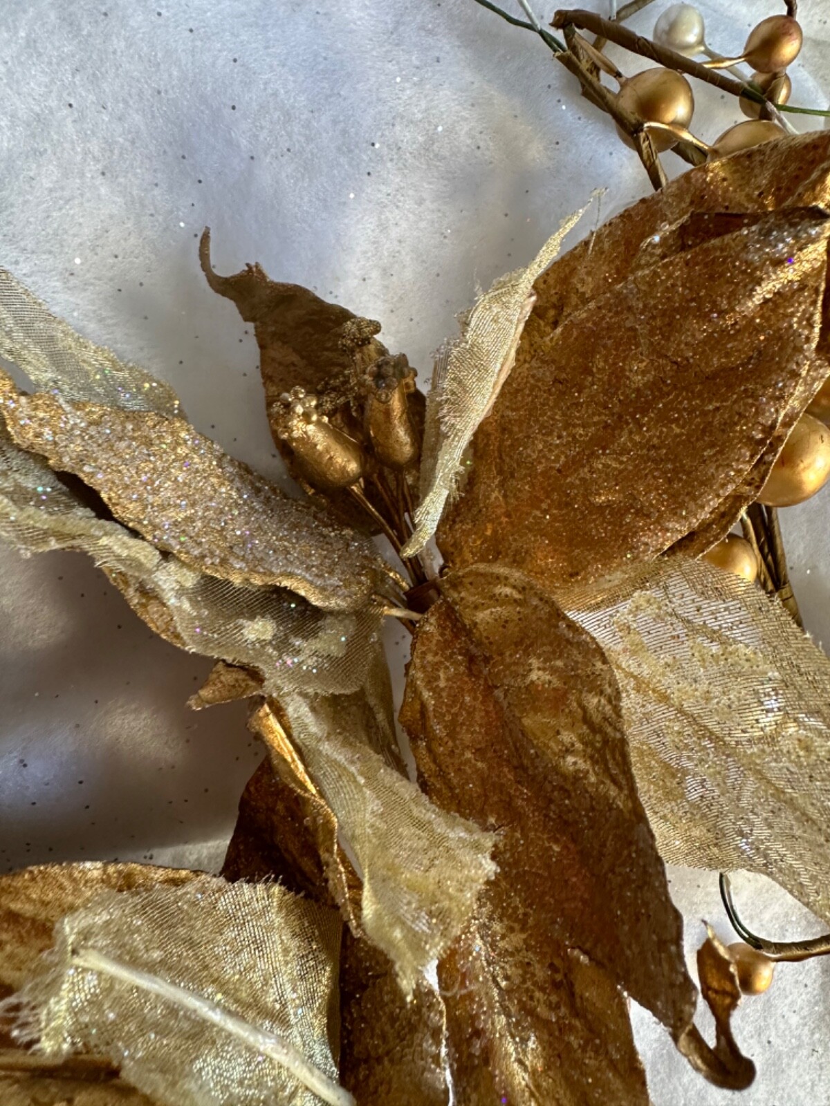 Berry Cluster Tree Pick Plant Spray Decorations Gold Beads White and Bronze Leaf