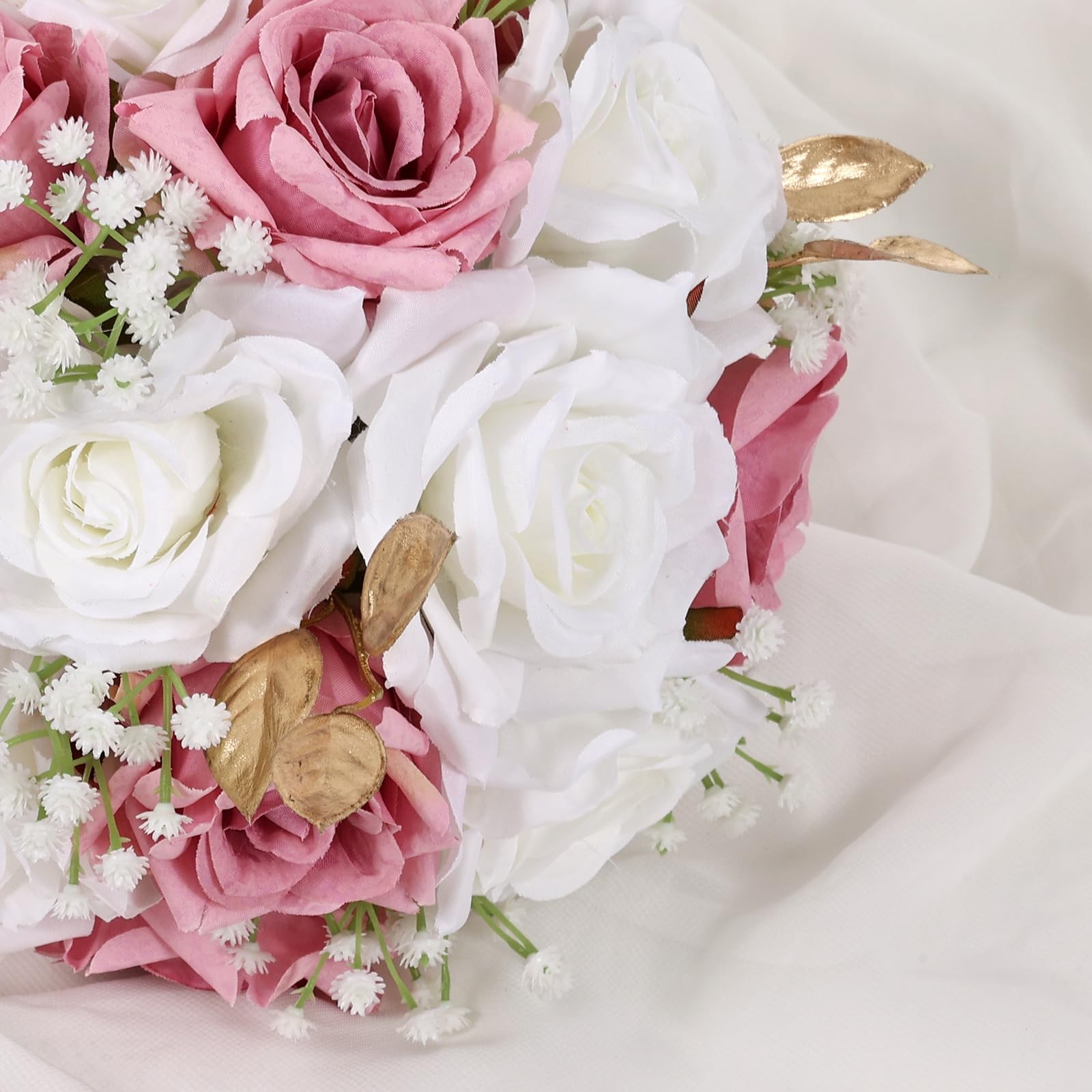 Wedding Bouquet For Bride Realistic Silk Artificial Roses White Pink 9 Inch