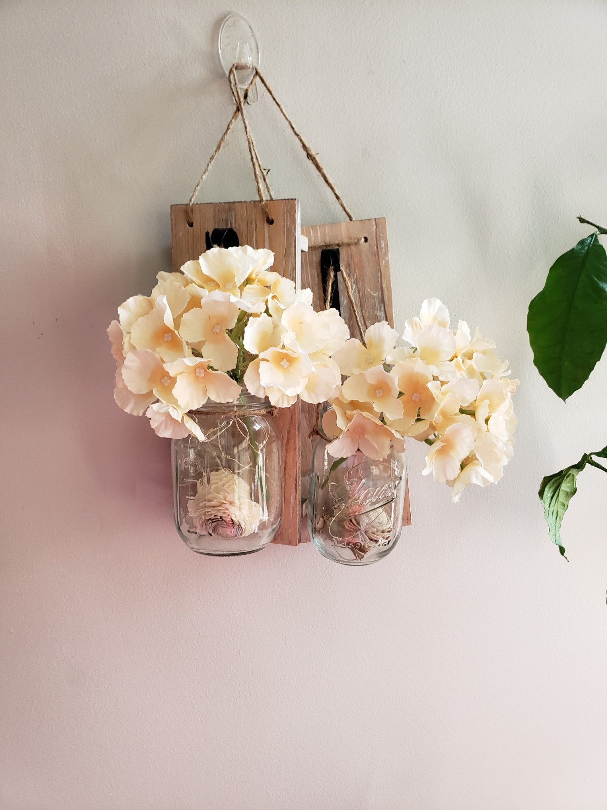 Cottagecore Floral Mason Jar Twinkle Light Arrangement in Glass On A Wood Plaque