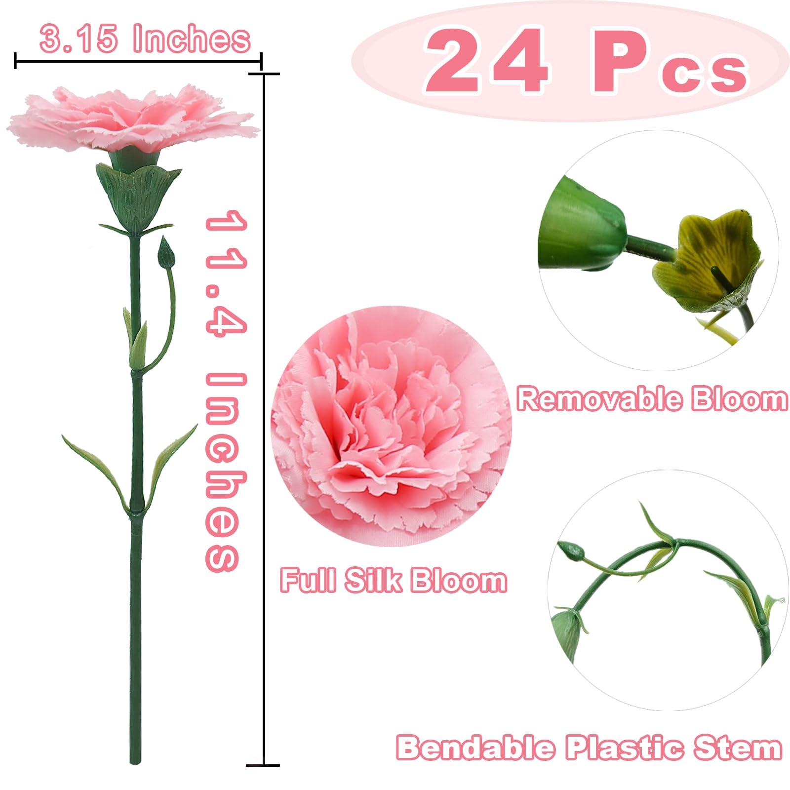 24 Pcs Pink Carnations Artificial Flowers with Stems, 11.4 Inches Faux Silk C…