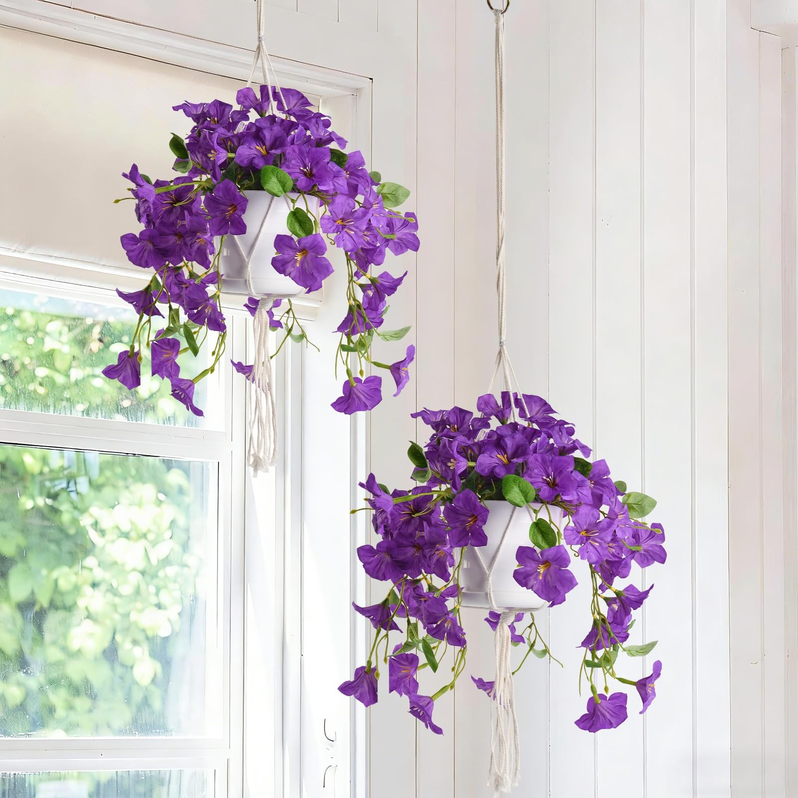 Artificial Hanging Flowers with Basket for Outdoors, 2 Pack UV Resistant Fake…