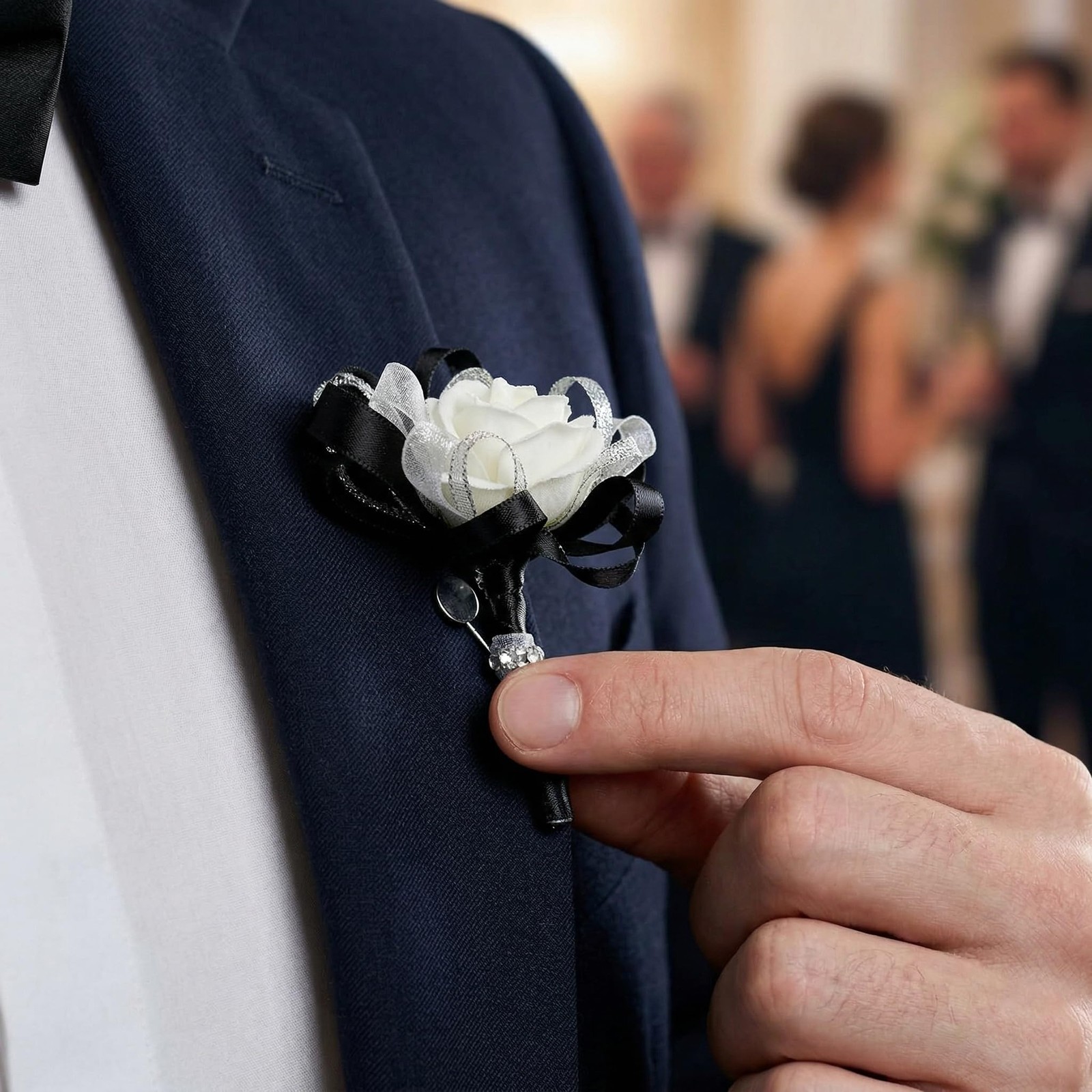 Rose Wedding Corsage Boutonniere Set Floral Suit Accessories Black & White