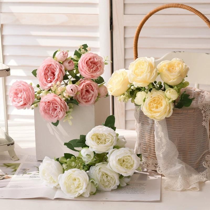 Artificial Peony Bouquet 30cm Rose Pink Silk 5 Heads 4 Buds Wedding Decoration