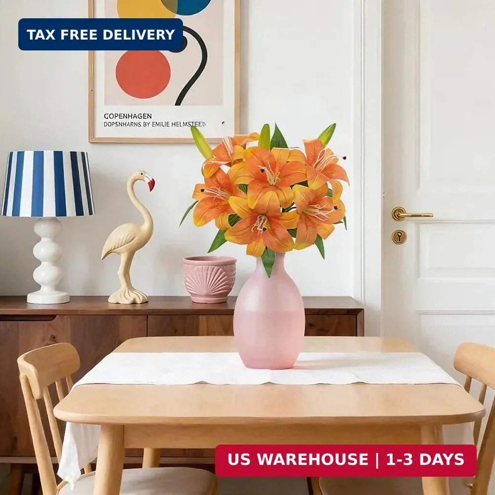 Oairse Artificial Tiger Lily Silk Flowers – 3 Pcs Faux Lily Flower 14.9″ Fake Li