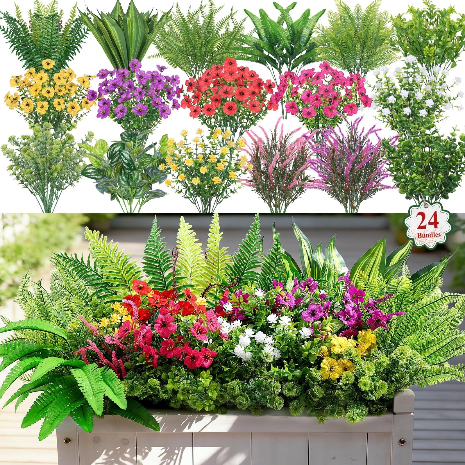Artificial Plants UV Resistant Greenery Silk Flowers Plastic Faux Stems 24 Pcs