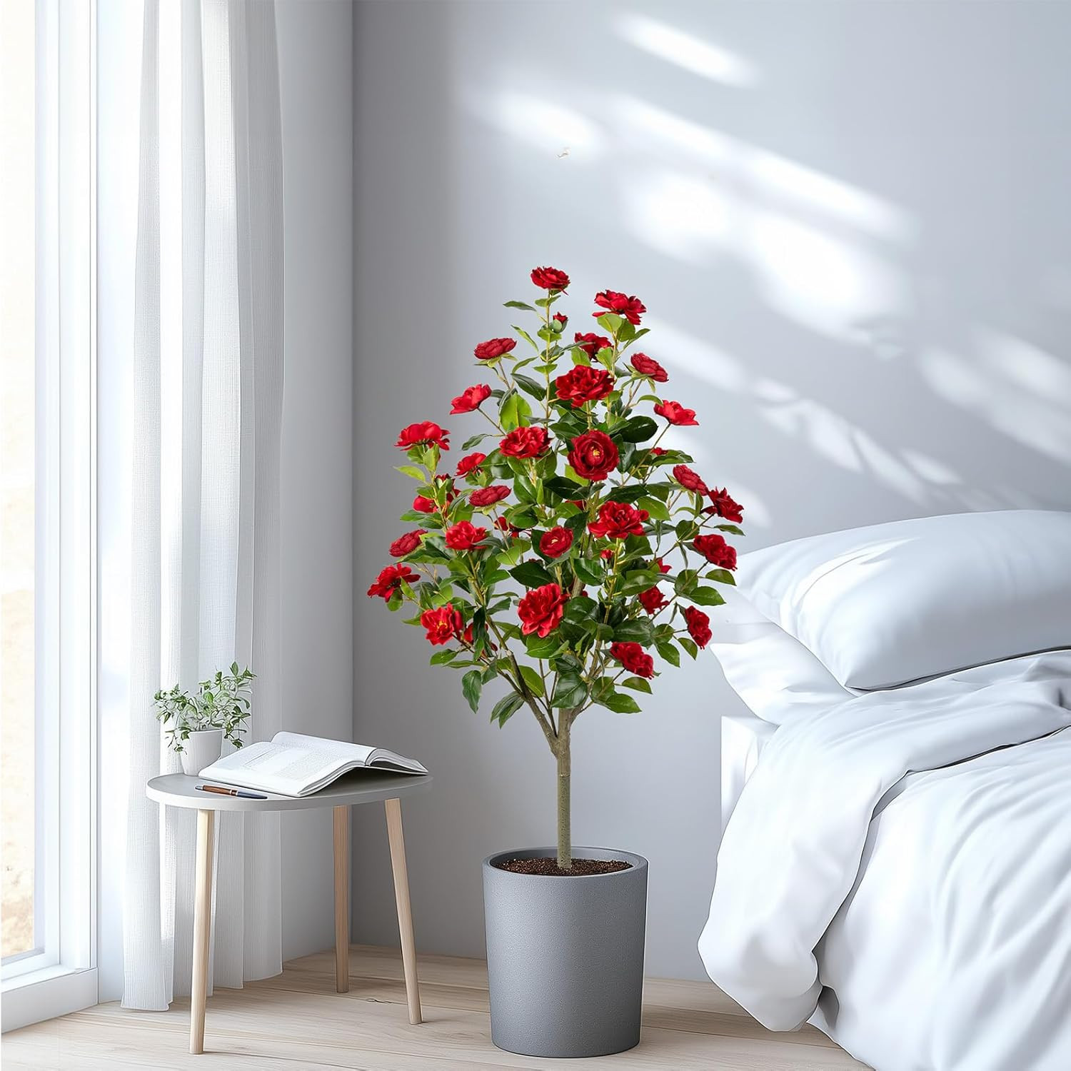 4FT Artificial Camellia Tree Set – Faux Floral Plants in Cement Pots
